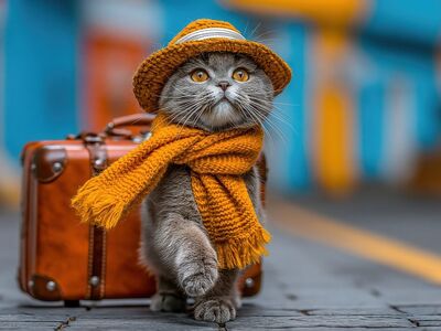cat, hat, scarf, suitcase, travel, adventure, cute, pet, fashion, travel humor, fun, city, autumn, animal, style, vintage, costume, humor, train, cultural