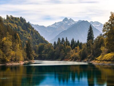lake, mountains, autumn, reflection, nature, landscape, forest, idyllic, conifer, germany, bavaria, alps, panorama, long exposure, hiking, silence, tourism, cozy, mountain scenery