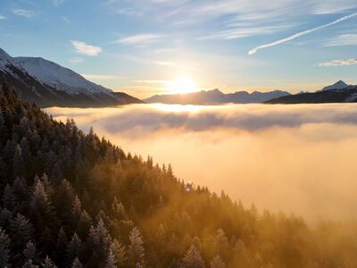 sunrise, golden hour, fog, cloud inversion, valley, mountain range, snow, winter, pine trees, forest, aerial view, drone view, landscape, nature, scenic, outdoors, east, mountains, view, magical, sunset