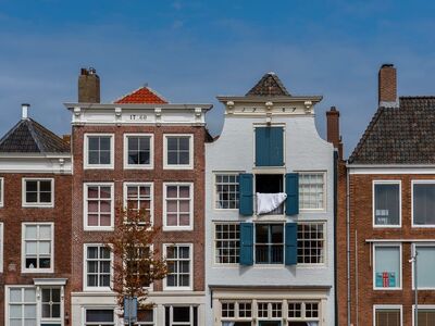 holland, historical architecture, houses, architecture, brick houses, windows, dutch architecture, mansion, exterior, cityscape, trees, blue sky, dutch townhouse, tree, decoration, balcony, open windows, tree in front of house, autumn season, antique houses
