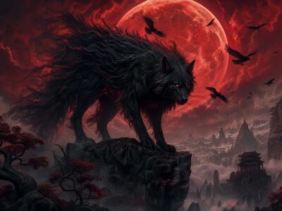 wolf, red moon, temple, japan, cloud, tree, strong, raven, silhouette, fog, landscape, rocks, wild, mystical, hellish, epic, gothic, storm, horror, dark, black