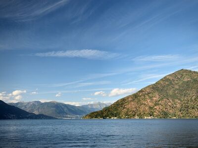 lake, nature, mountain range, blue sky, piedmont, western, mountains, sky, clouds, angle, village, landscape, blue, stress, stresa, tourism, sunny day, resort, northern italy, vacation spot