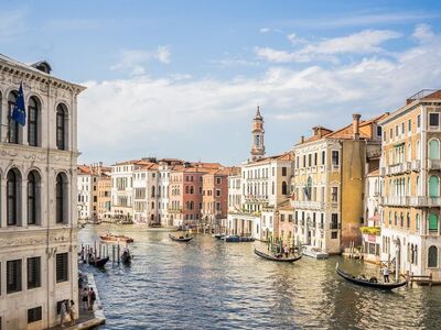 venice, canal, gondola, tourist attraction, architecture, history, italy, travel, bridge, historic building, cityscape, summer, sunny, lagoon, europe, natural scenery, culture, water, photography, nature, view
