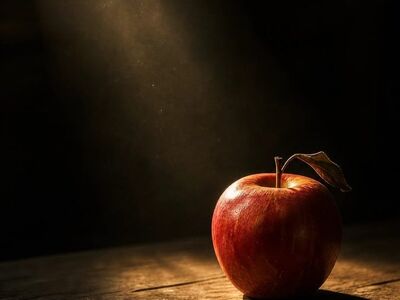 apple, wood, dark, light, shadow, texture, leaf, reflection, warm, atmospheric, red, stem, beautiful wallpaper, nature, award-winning, composition, natural light, art, waxy, dramatic, calm, background