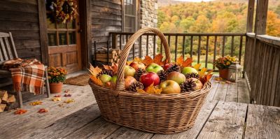 apple, basket, wicker, autumn, pinecone, leaves, porch, cozy, cabin, rustic, countryside, fall theme, farmhouse, seasonal, mums, soft, nature, food, landscape photography, pumpkin