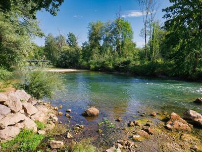 river, nature, trees, rock, landscape, blue sky, reflection, summer, tranquility, clear water, peaceful scenery, greenery, nature reserve, stream, shore, natural beauty, countryside, stem, cabin, village