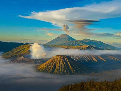 mountain, volcano, cloud, sunset, sunrise, landscape, fog, exploration, nature, panorama, national park, tourist destination, view, crater, bromo, semeru, blue sky, beautiful, indonesia