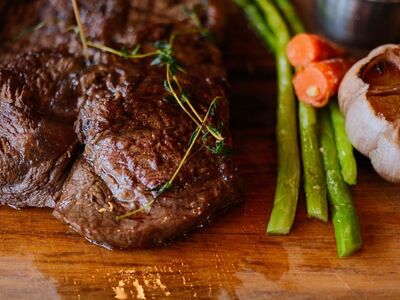 beef, steak, asparagus, carrot, garlic, wooden board, cooking, roast, herbs, homemade cooking, juicy, juicy beef, food preparation, culinary, juice, food hygiene, healthy lifestyle, bowl