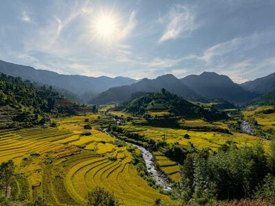 terraces, rice fields, sunlight, vietnam, nature, river, hills, landscape, green, agriculture, mountains, blue sky, asian countryside, sun rays, countryside, green rice, agricultural pole, clear sky, field