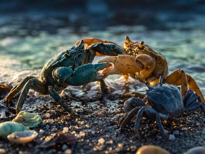 crabs, beach, seafood, fight, natural, sea, sand, shells, sunset, waves, blue, sun, landscape, nature, reef, animals, dramatic lighting, interaction, fauna, environment