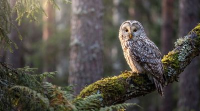 owl, forest, tree, moss, nature, wildlife, animal, owl in forest, natural environment, perched on branch, daylight, spring season, glare, serenity, soothing, close-up, golden hour, illumination, natural landscape