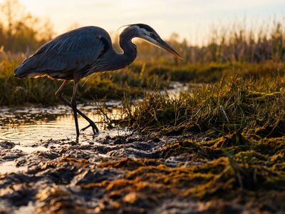 heron, wetland, nature, sunset, bird, habitat, swamp, balanced, water, reeds, wild, predator, ecosystem, natural, reserve, peatland, evening, waterfowl, quiet, magical