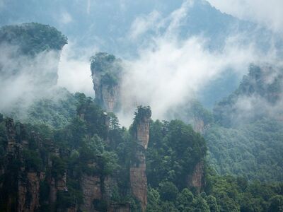 mountains, fog, cliffs, trees, nature, forest, landscape, green, misty scenery, dense forest, national park, asia, breathtaking, dark sky, tropical, rainforest, wulingyuan mountains, unesco world heritage, stunning view