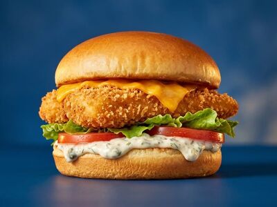 burger, fish burger, fried fish, tartar sauce, lettuce, tomato, cheese, bun, sesame, fast food, crispy, meal, lunch, blue background, studio shot, golden brown, appetizing, stacked, gourmet, hearty