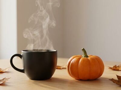 halloween, coffee cup, pumpkin, steam, black mug, autumn, hot drink, nature, home, cozy, seasonal, leaves, pumpkin decor, fall decor, orange, warm drink, november, still life, cafe, warm atmosphere, autumn mood