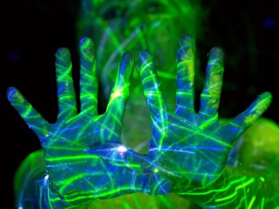 green, neon, hands, light, art, dark, digital, projection, light show, open hand, gesture, darkness, fluorescent, night, body, glow, vision, optical, vitality