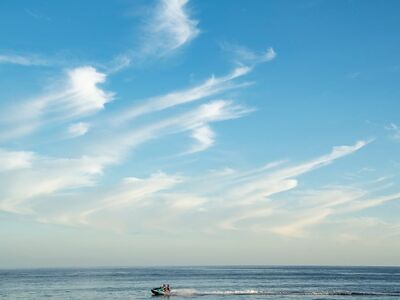 sea, sky, jetski, vacation, clouds, blue sky, summer day, ride, speed, water sports, motorboat, adventure, coast, driver, beach, joy, relaxation, summer activity, panorama, cleanliness