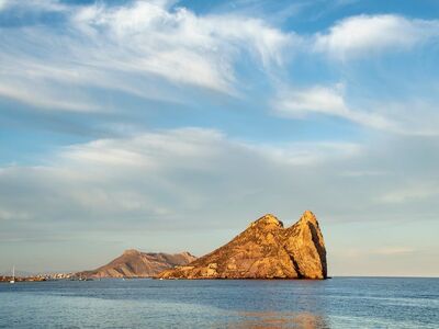 sea, island, cliffs, sky, clouds, shapes, blue, landscape, silhouette, calm, sunset, sediments, water, light, nature, tourism, reflection, lights, summer, horizon