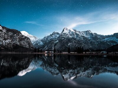 mountains, lake, stars, night sky, reflections, winter landscape, snow, alps, natural beauty, scenery, blue sky, tranquility, purity, silence, calm, nature, mountain lake, hiking, nature reserve, breathtaking
