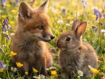 fox, rabbit, meadow, wildflowers, friendship, cute, kit, sunshine, natural, spring, nature, sunlight, peaceful, evening, golden hour, animals, outdoor, adorable, summer, bunny