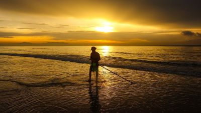 sunrise, morning, dawn, man, working, coast, sea, sky, wave, sun, landscape, travel, fisherman, boats, reflection, calm, vietnam, nature, walking, leisure