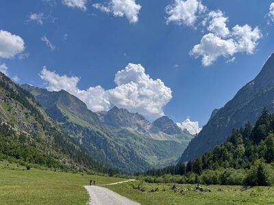 mountains, valley, clouds, trail, summer, cycling, hiking, sport, green, nature, recreation, alps, village, horizon, view, bavarian, mountain meadow, path, landscape
