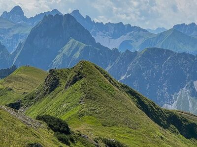 mountains, peaks, alps, hiking, nature, landscape, moss, sky, clouds, sun, alpine flower, panorama, grass, hiking trail, sunlight, excursion, summer, view, highland, tourism