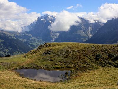 mountain, switzerland, valley, lake, nature, alps, sky, clouds, grass, landscape, hiking, mountain hiking, swiss alps, view, pasture, excursion, environment, serenity, soul purification, relaxation