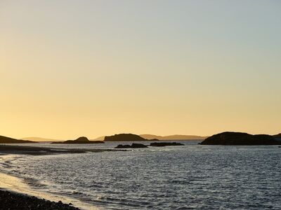 ocean, sunset, beach, water, marine, pebble beach, tranquility, nature, peace, windy, calm, rock, silhouette, island, horizon, afternoon, bay, landscape, sky, evening, coast