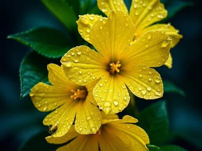 yellow flowers, petals, water drops, dew, green leaves, nature, botanical, macro, close-up, flora, dark background, beautiful, fresh, bloom, raindrops, blossom, vibrant, natural, spring, cluster