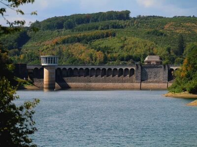 dam, reservoir, lake, nature, autumn, forests, hiking, recreation, architecture, water, autumn colors, landscape, sky, serenity, excursion, open water, balustrade, structure, metal, brick construction