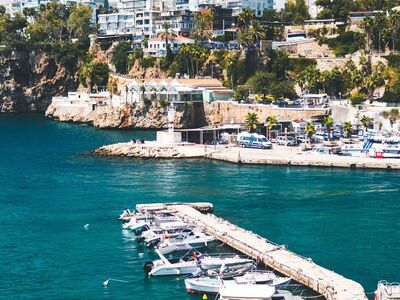 antalya, harbor, boats, mediterranean, blue water, yacht, cliffs, sky, vacation, coast, city, nature, travel, luxury, europe, bay, shoreline, tourism, tower, culture