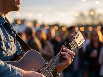 musician, guitar, outdoor, concert, festival, guitarist, nature, live music, blue shirt, lighting, silhouette, audience, sunset, string lights, lights, hat, denim, atmosphere, happy, party, laughter, friends