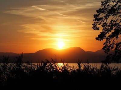 sunset, lake, silhouette, mountains, horizon, water, romantic, trees, purple, reeds, evening, golden, beautiful, calm, lake garda, twilight, mood, enchanting, light, idyllic