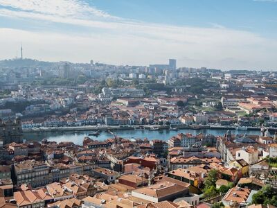 porto, portugal, city, river, architecture, buildings, rooftops, urban area, panorama, aerial view, clouds, blue sky, port city, historic, lisbon, recreational, transportation, europe, tourist destination, excursion