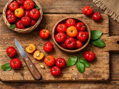 acerola, nature, tropical fruit, red fruit, vitamin c, fresh fruit, wooden bowl, leaf, superfood, healthy, nutrition, food, harvest, natural ingredient, board, wood, knife, seed, color contrast, rattan basket, multiple fruits