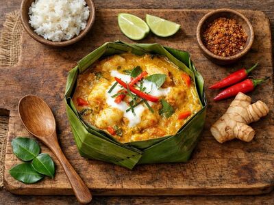 amok, cambodian cuisine, fish curry, banana leaf, coconut curry, white fish, kaffir lime leaf, chili, galangal, steamed rice, lime, wooden board, red chilies, food seasoning, traditional food, fruity aroma, exotic food, culinary herbs, spicy food, kaffir lime