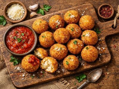 arancini, fried rice, breadcrumb, mozzarella, tomato sauce, parmesan, parsley, chili, appetizer, street food, food, cutting board, frying oil, garlic, wooden table, snack, guacamole, bowl, spoon, food details, italian cuisine