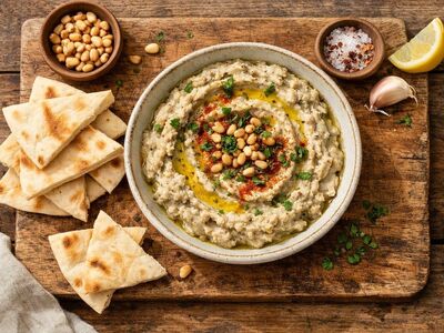 eggplant, pine nut, olive oil, lemon, garlic, pita bread, paprika spice, parsley, mediterranean cuisine, nutritious, healthy food, rustic style, wooden board, decorative photo, homemade food, appetizer, vegan cuisine, tasty, gastronomy