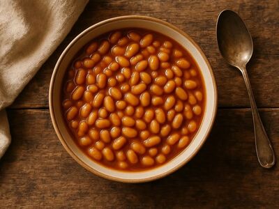 baked beans, bowl of beans, tomato sauce, spoon, wooden table, fiber, plant protein, nutritious, comfort food, haricot bean, legume, breakfast, nutrition, iron, vegan, hearty meal, food photography, home cooking, classic dish, healthy food