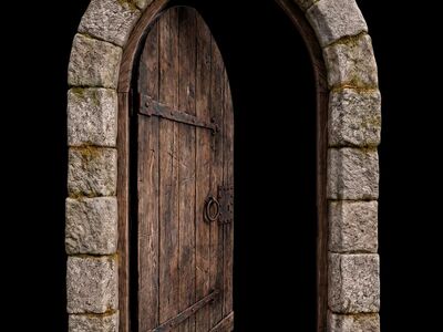 stone archway, wooden door, open gateway, arch, historic architecture, construction, medieval style, stone masonry, arched entrance, medieval castle, wooden door handle, rustic style, passageway, antiquity, traditional design, leafy arch, shady space, decorative element, grill, castle appearance