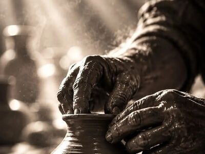 ceramics, potter, clay, craft, studio, handmade, art, texture, sun rays, artist, palm, artisanal, dirty, motion, artistic creation, open arms, contemplation, crafted