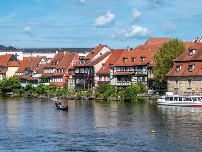 bamberg, river, boat, district, historical, half-timbered house, architecture, tourist, landmark, bridge, village, canal, recreational, summer, tradition, urban, green, panorama, shop, century