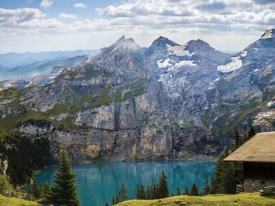 switzerland, mountains, nature, lake, alps, mountain cabin, hiking, view, coniferous trees, clear water, surroundings, tourist destination, summer, tranquility, mountaineering, ecotourism, sunset, relaxation