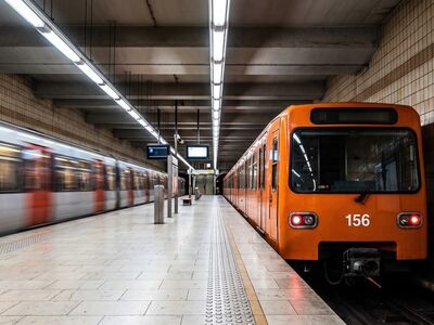 metro, station, train, platform, train carriage, orange, public transport, urban, speed, modern, motion, motion blur, commute, transportation, concrete walls, metro lights, metro exit, carriage number, travel time