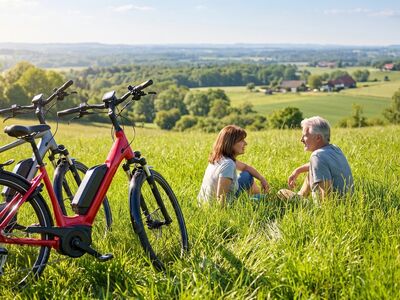 e-bike, couple, countryside, nature, relaxation, landscape, summer, grass, active, leisure, travel, cycling, bike tour, hill, seniors, lifestyle, idyllic, happiness, well-being, bicycle