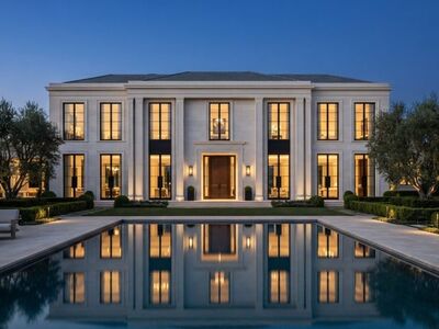 villa, luxury, nature, exterior, twilight, pool, modern architecture, grandeur, evening, reflection, empty, outdoor seating, row of trees, symmetry, night lighting, garden, architectural style, sunset, lawn, terrace