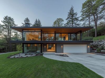 modern house, glass walls, architecture, outdoor, garden, wood, patio, luxurious, nature, residential, eco-friendly, open space, in the woods, lawn, multi-level, nature view, daylight, two-story, panoramic windows, privacy