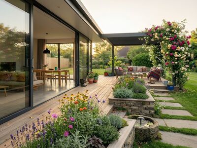 single-story house, modern architecture, patio, garden design, sunny, outdoor decor, real estate, luxury house, accessible entrance, eco-friendly design, sustainable living, outdoor space, living area, creative design, plant cultivation, flowering plants, patio flowers, home comfort, peaceful environment, large windows, daylight