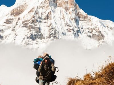 nepal, himalayas, annapurna, porter, trekking, backpack, snow, mountains, dry grass, blue sky, sea of clouds, adventure, local culture, hiking trail, himalayan trekking culture, expedition, travel photography, nature, dry landscape, high altitude